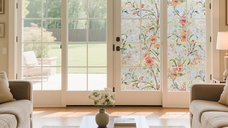 Spring themed window film on sliding glass door in living room