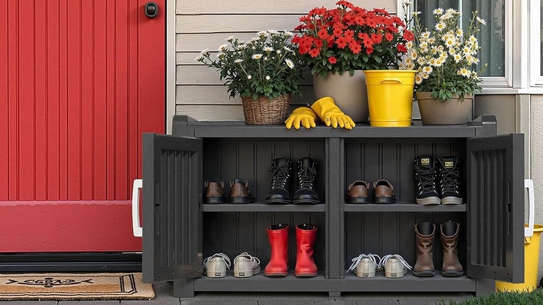 Shoe storage bench with potted flowers on top sitting on a front porch