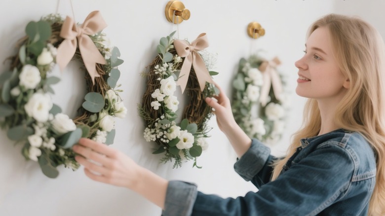 Woman hanging beautiful wreaths from golden suction cup hooks