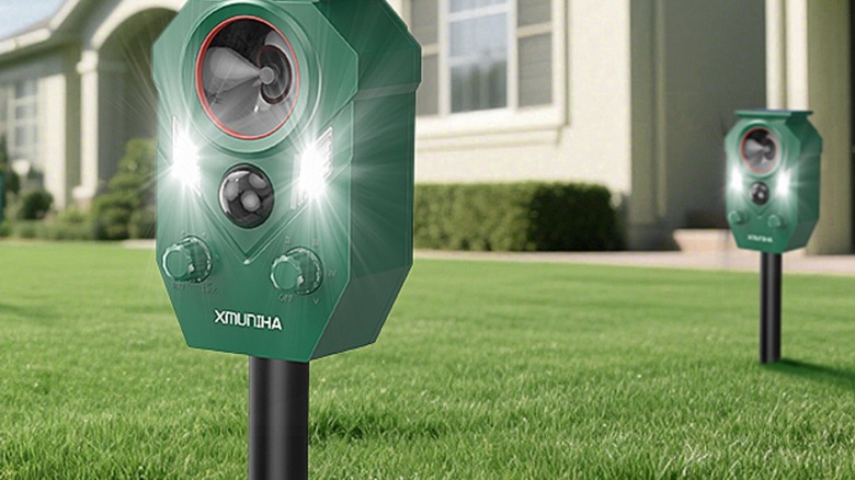 Xmuniha solar ultrasonic animal repellents installed in lawn