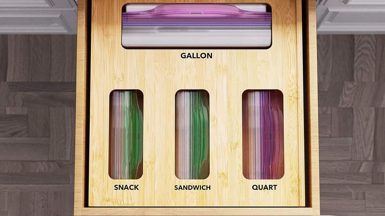 A bamboo bag organizer in a drawer
