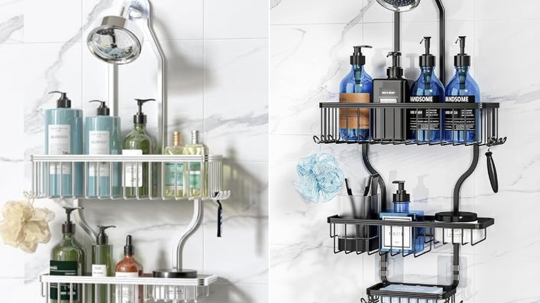 Split image showing the shower caddy in silver on the left and in black on the right