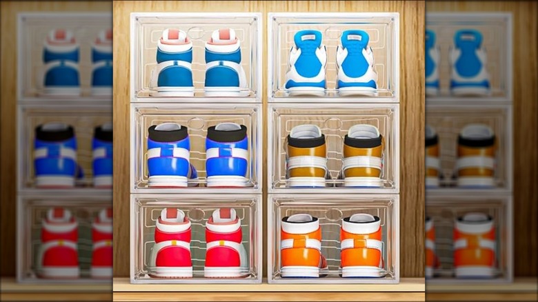 clear shoe containers used to store various sneakers