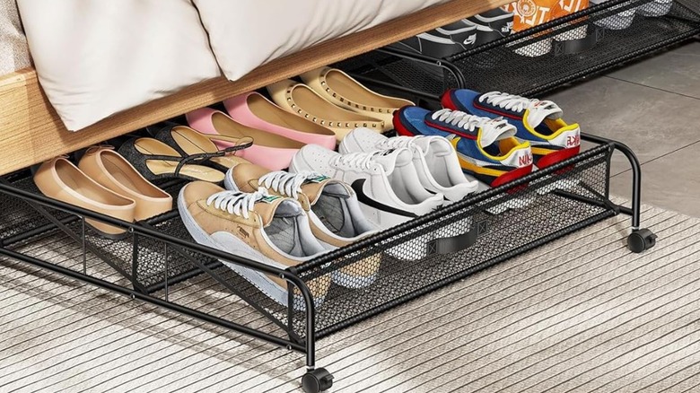 LeArex metal shoe organizer filled with shoes under bed