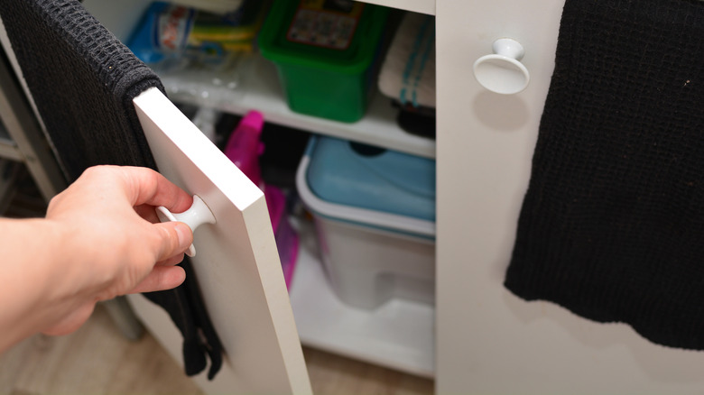 person opening cabinet to reveal a variety of products