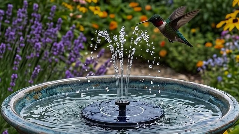 The Mademax Solar Bird Bath Fountain attracting a humming bird in faint sunlight