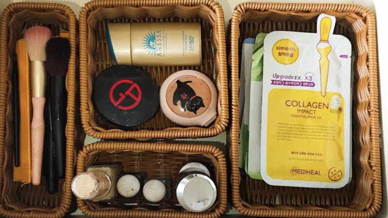 Plastic rattan bins holding a variety of items