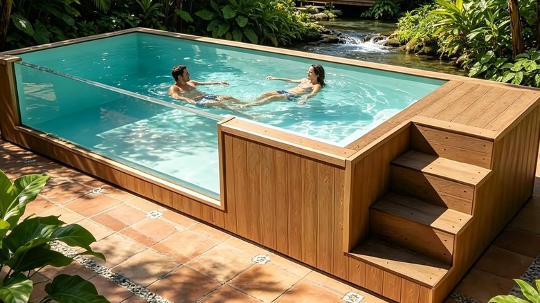 An AI product image of a shipping container pool being sold on Amazon with two people swimming in the water in a tropical setting