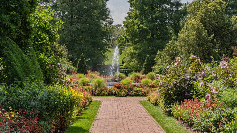 A fountain surrounded by carefully manicured plants with a pathway leading to it