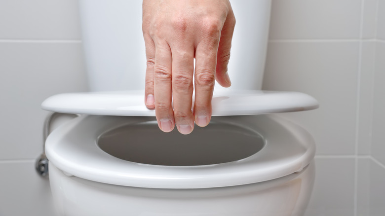 Bathroom with open toilet seat