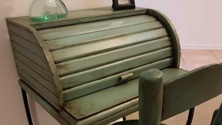 Green rolltop desk made with bread bin and tabletop