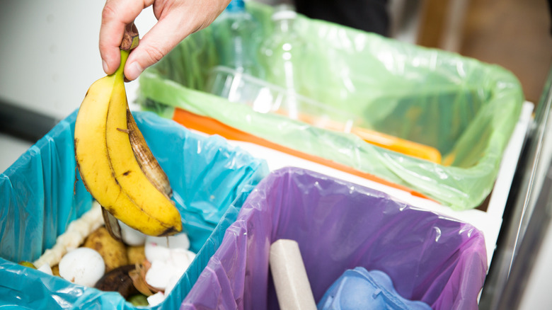 banana peel placed into trash