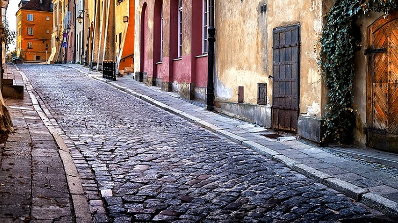 A polish village with a cobblestone road