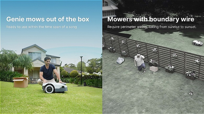 Split view of person mowing with ANTHBOT Genie and man installing boundary wire