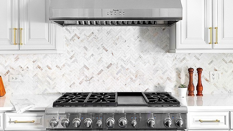 A Thermador hood and range in an upscale kitchen