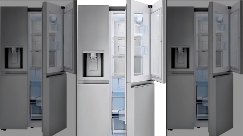 Door-in-door refrigerator with the interior door open