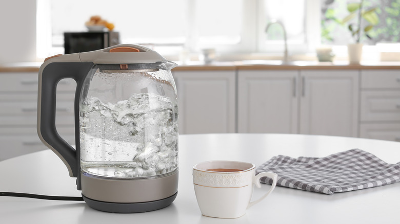 Electric kettle and white teacup