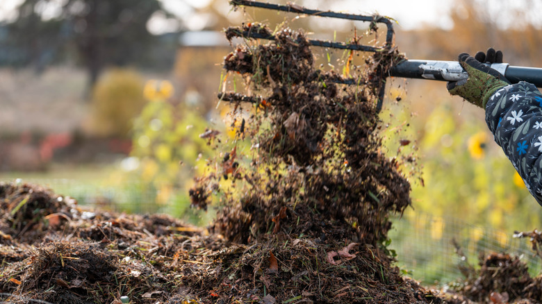 Someone using a pitchfork to turn their compost
