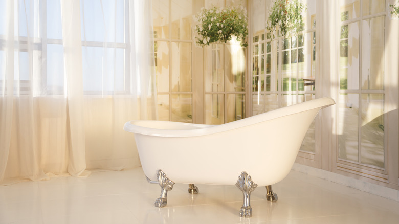 Clawfoot bathtub in room center 