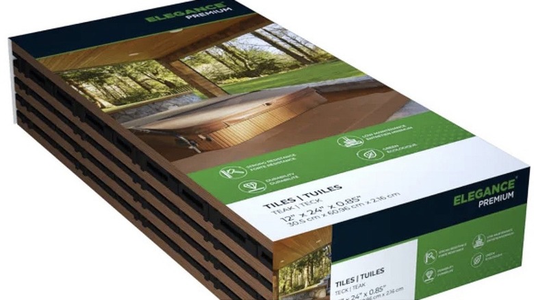 A box of Costco's Elegance composite deck tiles