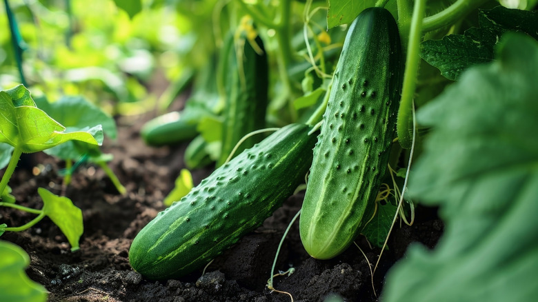 Two cucumbers growing in the garden
