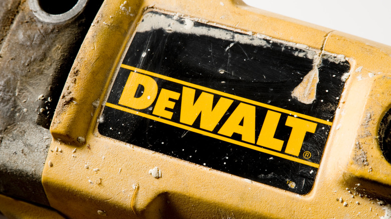 A closeup of the DeWalt logo on a tool