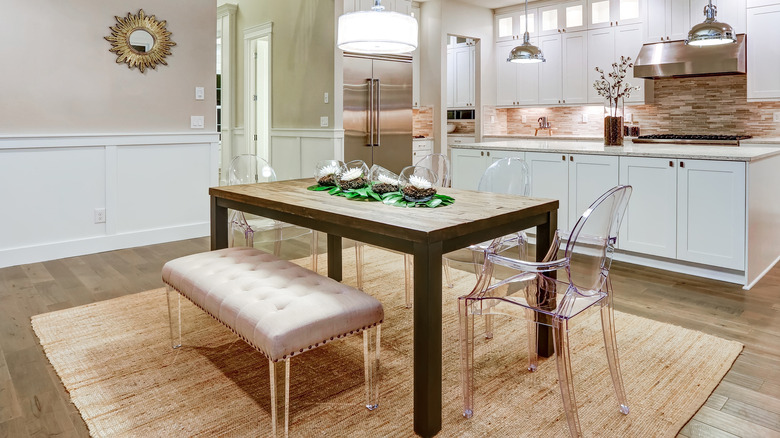 plush dining bench and table
