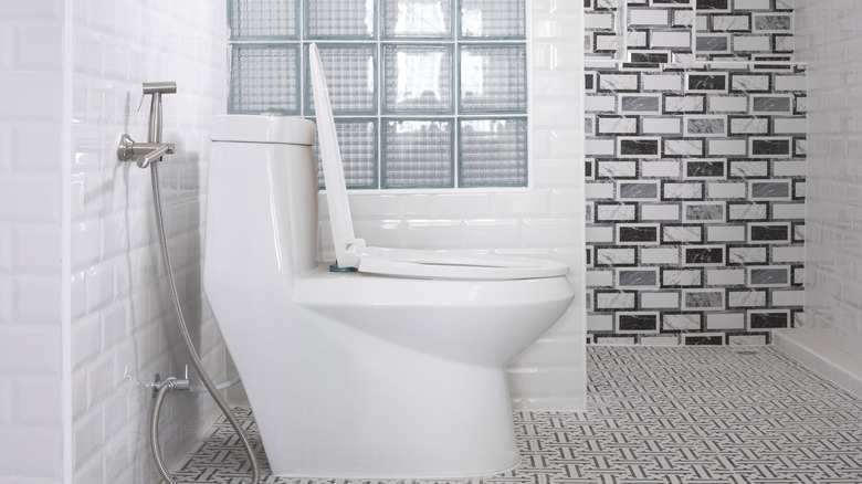 Glass brick interior accent window in a modern bathroom