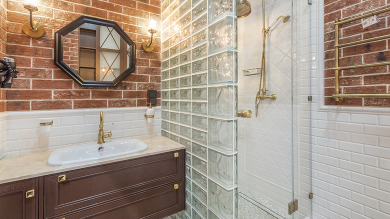 A glass brick wall in a bathroom