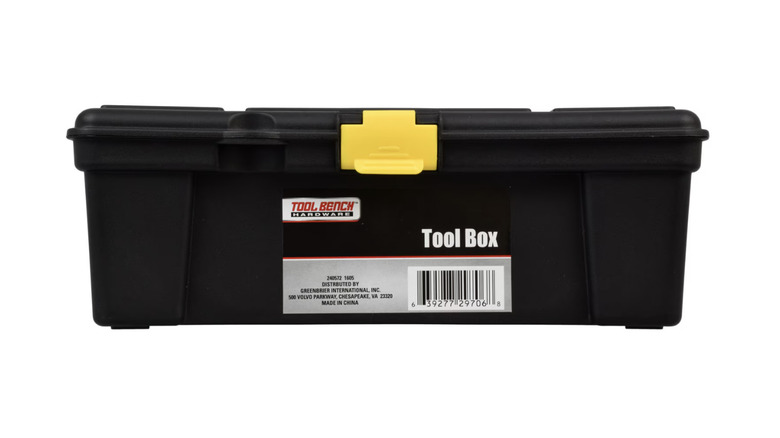 The Dollar Tree Tool Bench Hardware Tool Box in black with a yellow handle