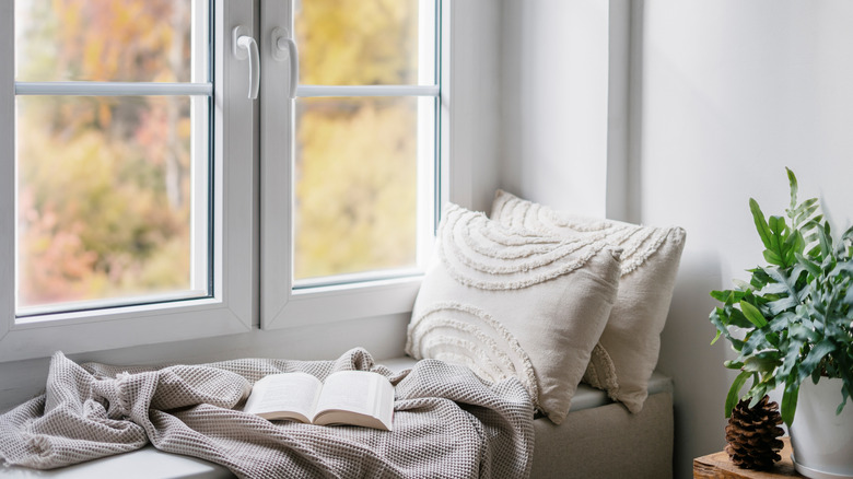 Reading nook next to a bright window.