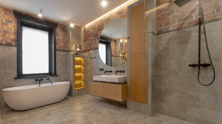 spacious bathroom with open shower