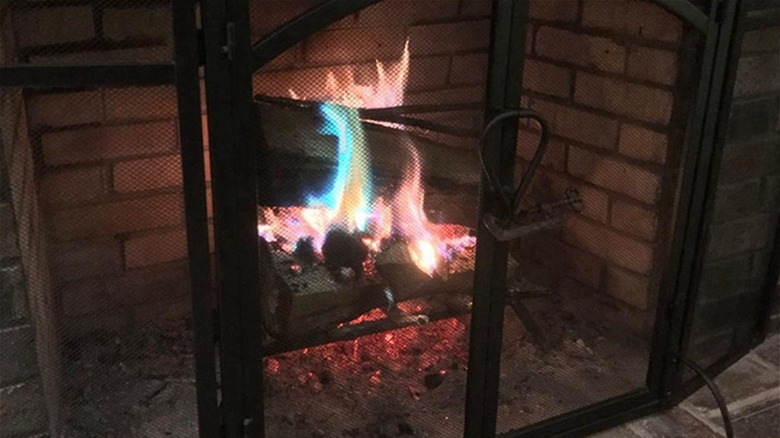 multi-colored flames in fireplace