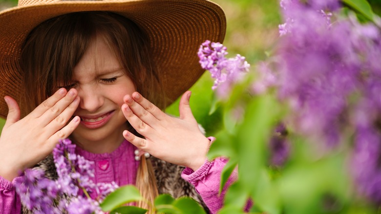 Girl sneezing hyacinths