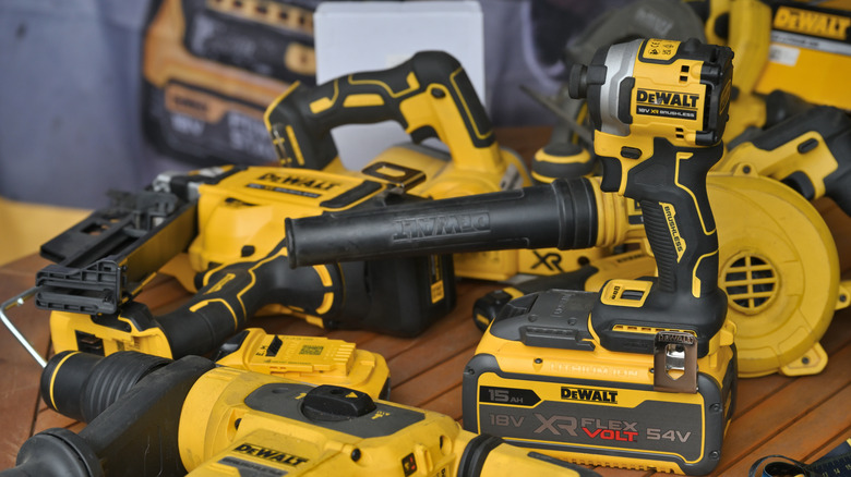 various DeWalt tools at a construction site