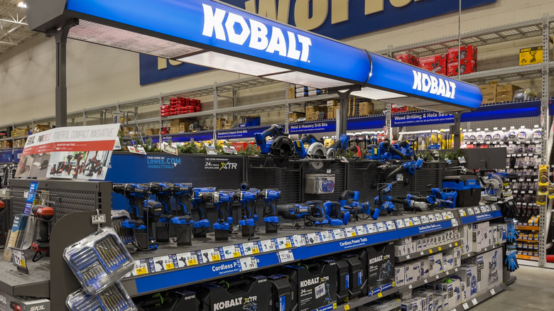 store display of kobalt tools and batteries