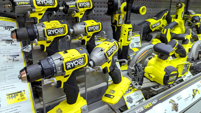 Display of Ryobi tools in a store