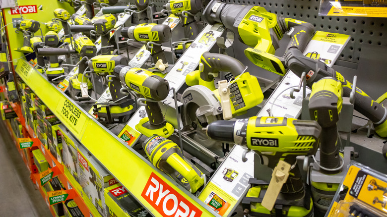 A view of several Ryobi brand power tools on display at a local home improvement store.