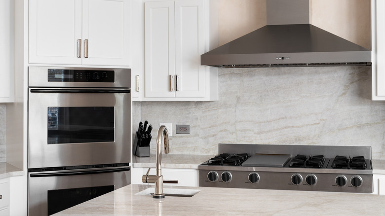 Stainless steel appliances in white kitchen