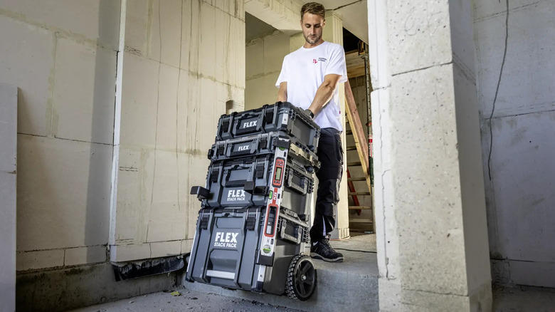 A selection of Flex Stack Pack rolling toolboxes
