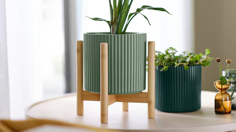 IKEA DAKSJUS plant stand holding a green plant in a yellow pot.