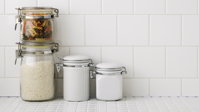 tile countertop with containers