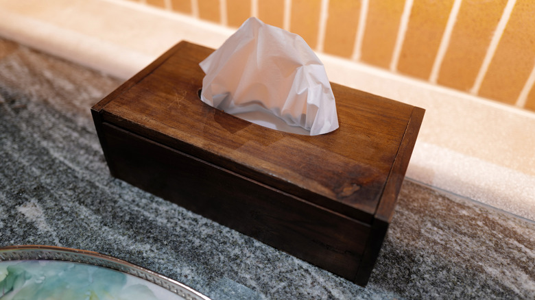 A wood cover over a tissue box