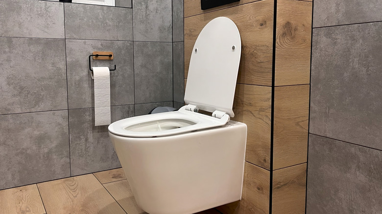 Sideview of Tankless Toilet in modern bathroom
