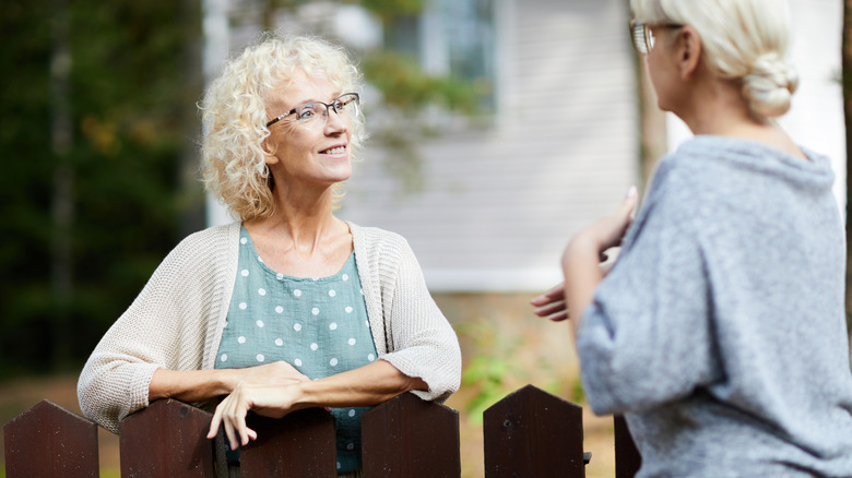 two neighbors talking over fence