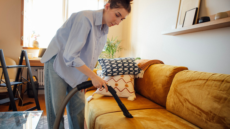 Young woman vacuuming upholstery of a sofa