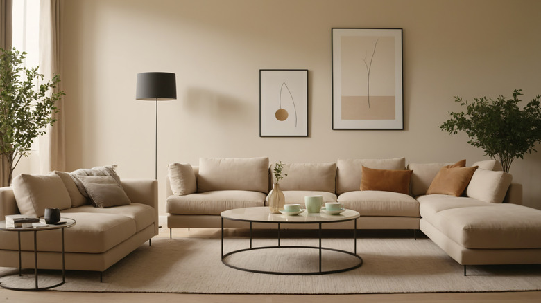 A living room with a couch, a loveseat, a lamp, and two tables