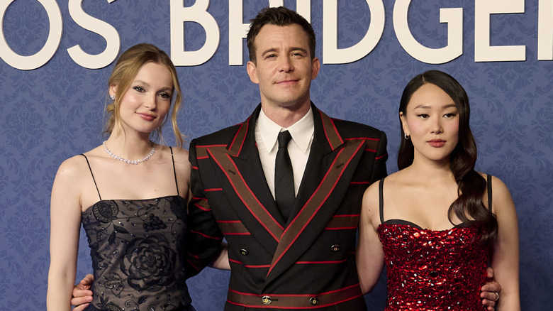 Bridgerton's Hannah Dodd, Luke Thompson, and Yerin Ha in formal dress