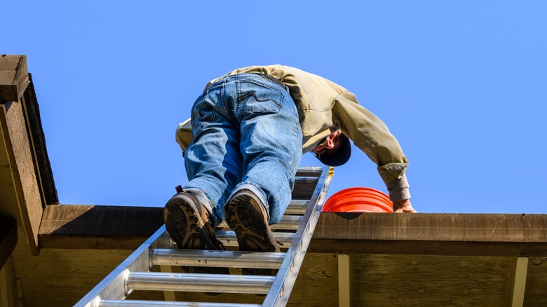 cleaning gutters on a ladder