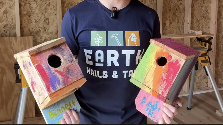 A person holding two colorful birdhouses.